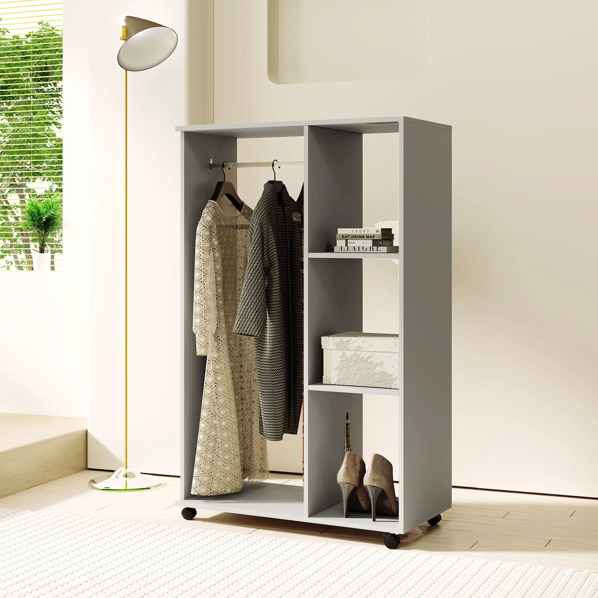 HOMCOM HOMCOM Rolling Open Wardrobe Hanging Rail Storage Shelves for Clothes, Grey - Wardrobe