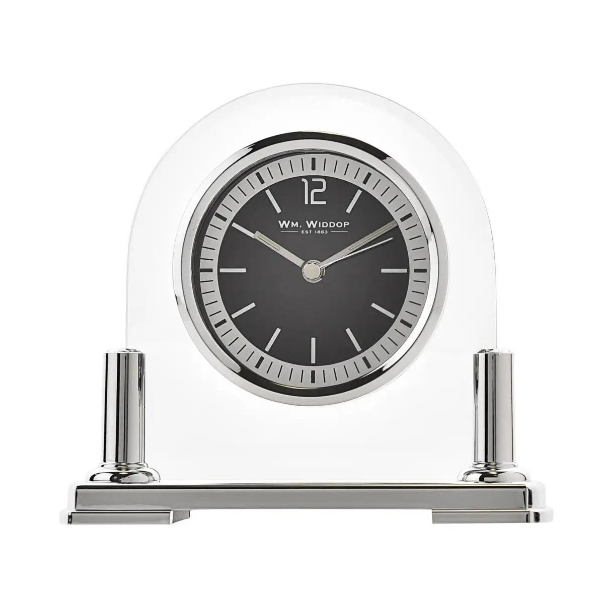 WIDDOP Wm.Widdop Glass Mantel Clock Silver Bezel & Stand - Clock