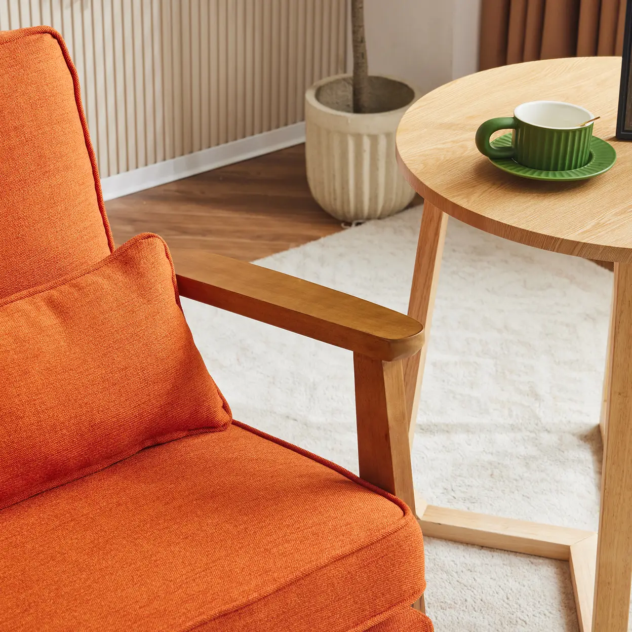 N/A Mid-Century Modern Accent Chair with Wooden Frame - Oak Armrest, Linen-Cotton Burnt Orange Upholstery, Single Seater Lounge Chair for Living Room (Weight Capacity 330LBS) - Accent Chair