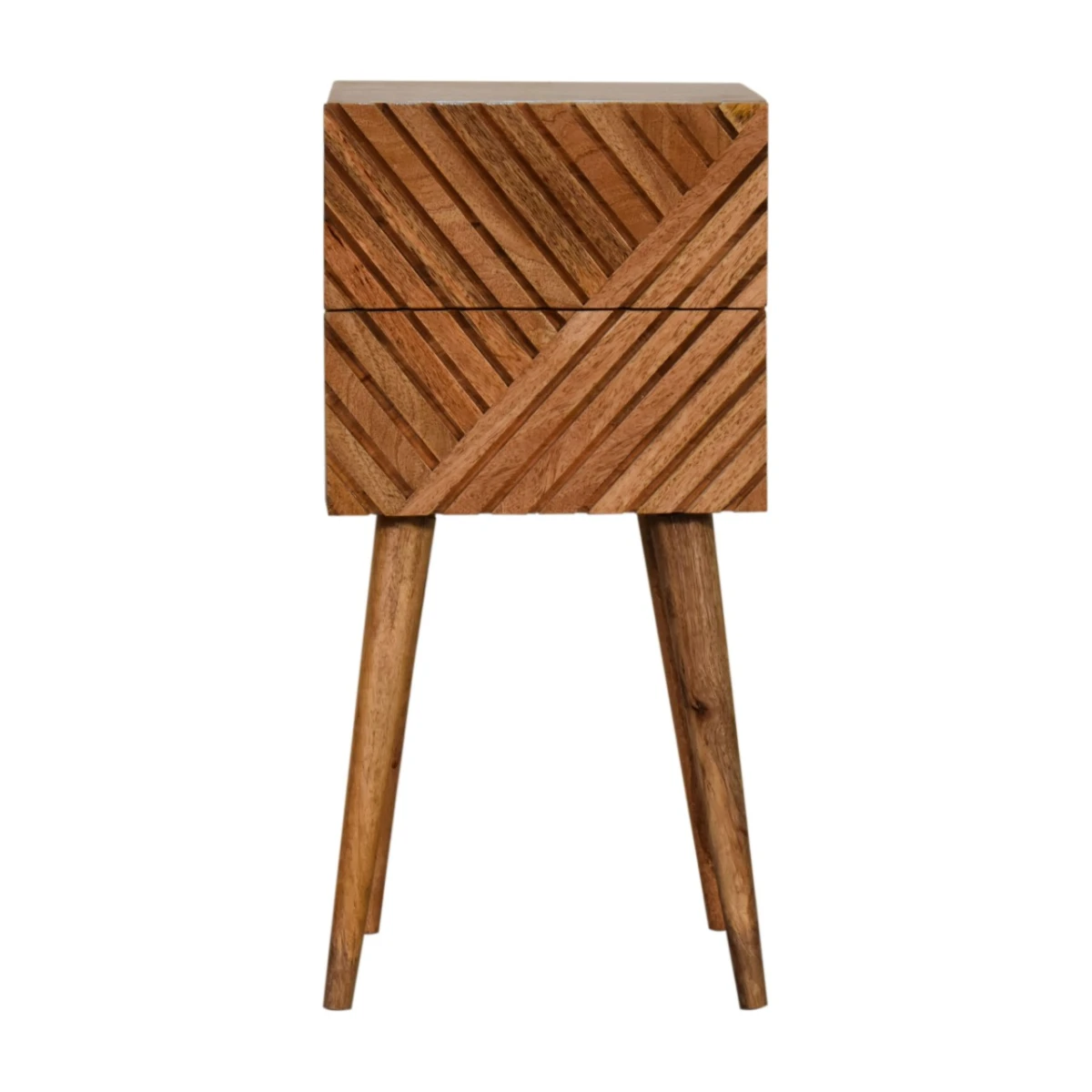 Artisan Furniture Artisan Furniture Bedside Table Mini Compact Solid Mango Wood Two Line Carved Drawers for Small Spaces - Bedside Table