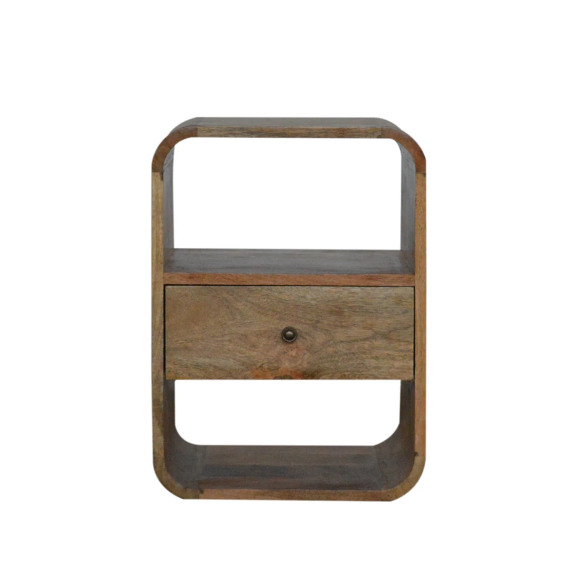 Artisan Furniture Artisan Furniture London Bedside Table Solid Mango Wood Oak Finish Brass Knob 1 Drawer 2 Open Shelves - Bedside Table