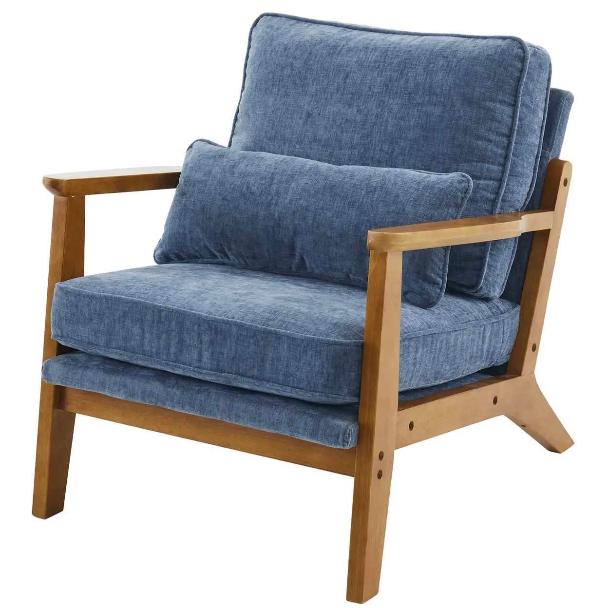 N/A Mid-Century Oak Accent Chair - Deep Navy Blue Chenille Upholstered Single Lounge Chair, Sturdy Wood Frame Indoor Armchair (330LBS Weight Capacity) - Accent Chair