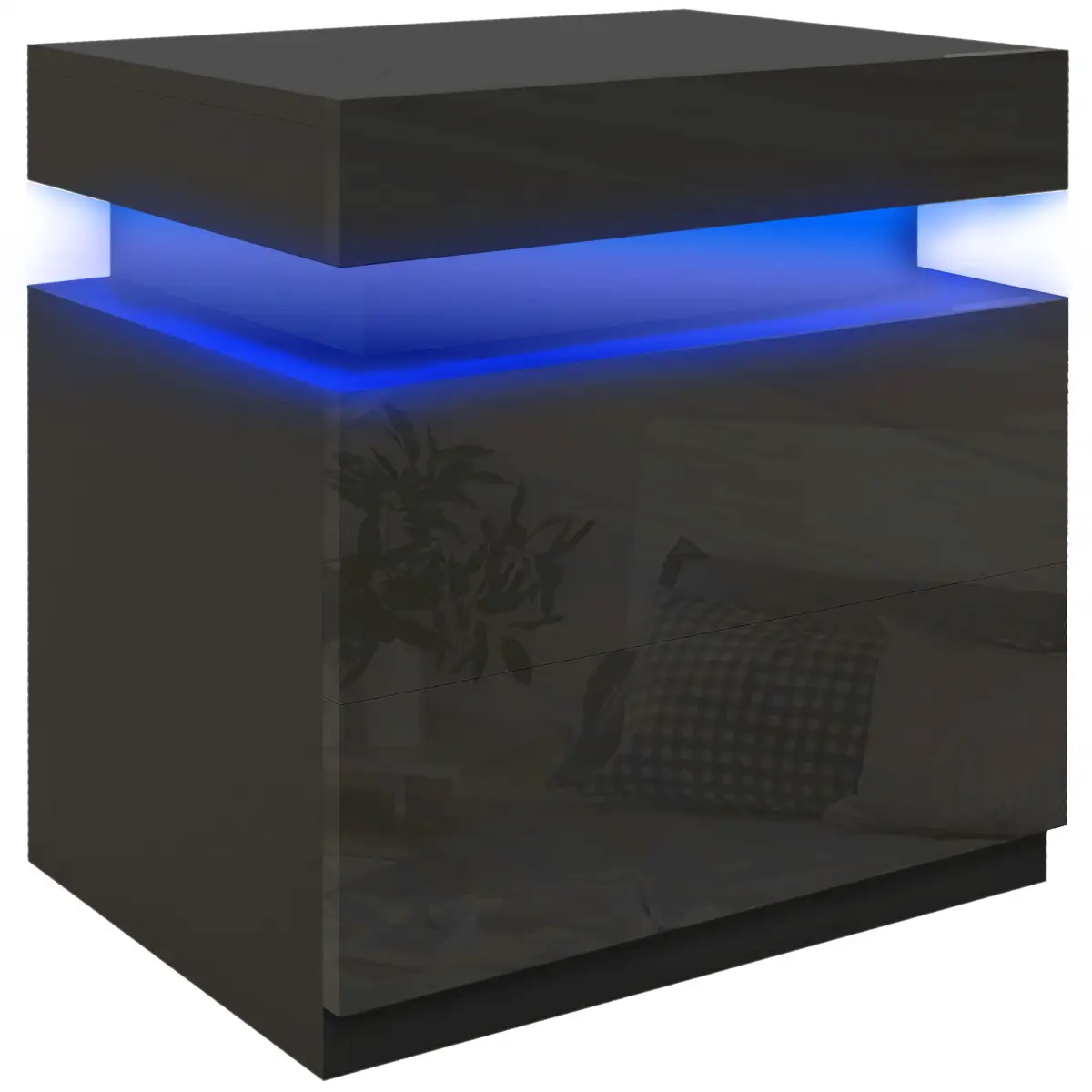 HOMCOM HOMCOM High Gloss Bedside Table with LED Light and 2 Drawers, Black - Bedside Table