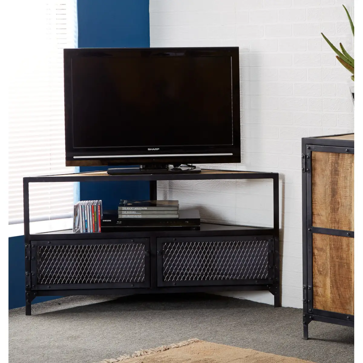 Indian Hub Statement Corner TV Unit Industrial Hand Crafted Reclaimed Wood With Metal Mesh Panels - TV Unit