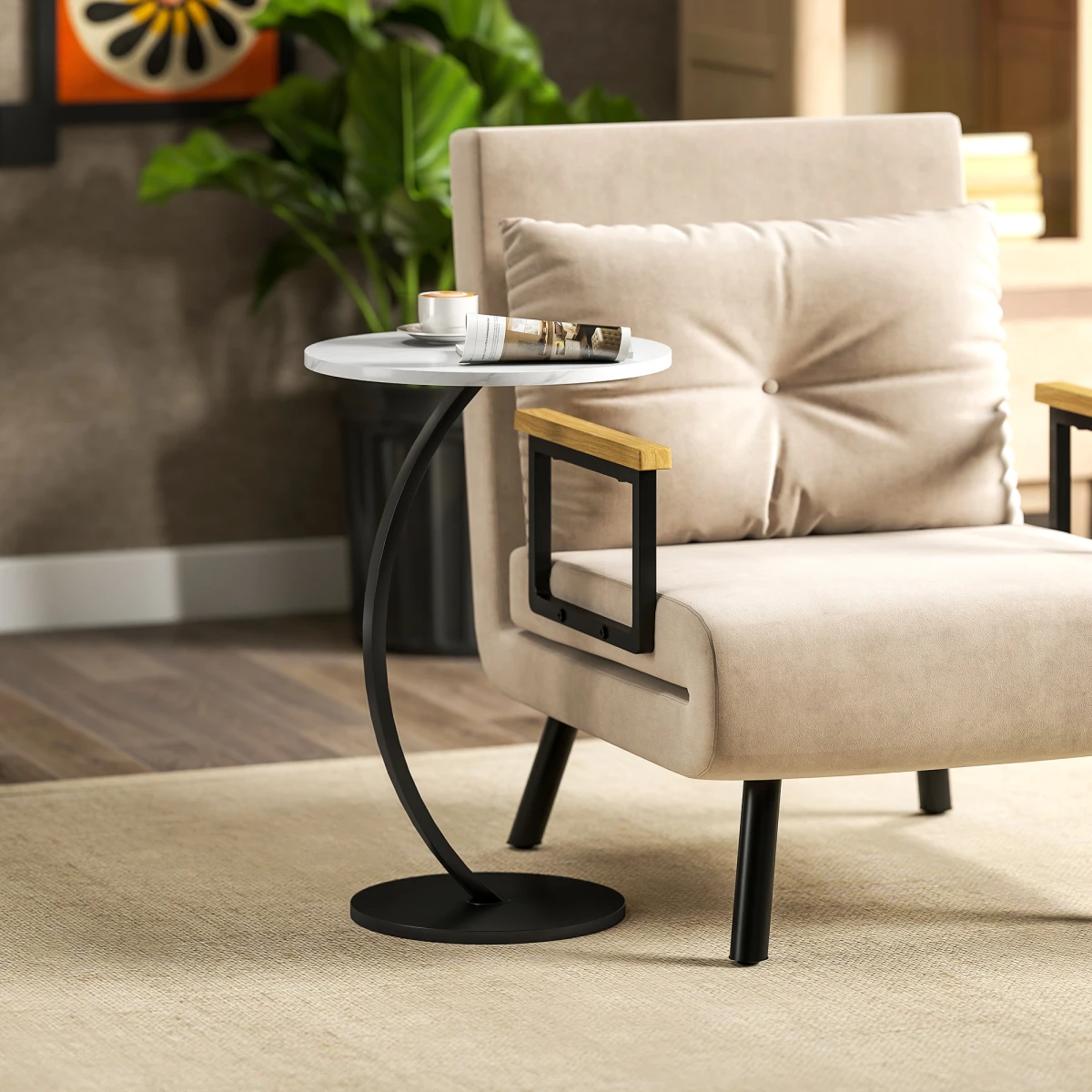 N/A Premium Rattan Coffee Table Compact Marble Surface C Shaped Sliding Sofa Bedside - Coffee Table