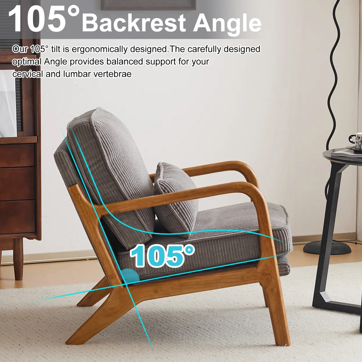 N/A Low Arm Accent Chair - Light Gray Corduroy Upholstered Indoor Lounge Chair, Compact Single Seater with Sturdy Frame (330LBS Weight Capacity) - Accent Chair
