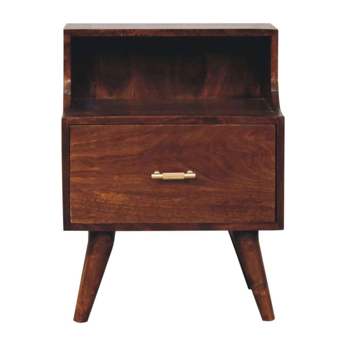 Artisan Solid Wood Bedside Table 18x14x24 Raised Back Shelf T Bar Drawer Mango Chestnut For Bedroom by Artisan Furniture