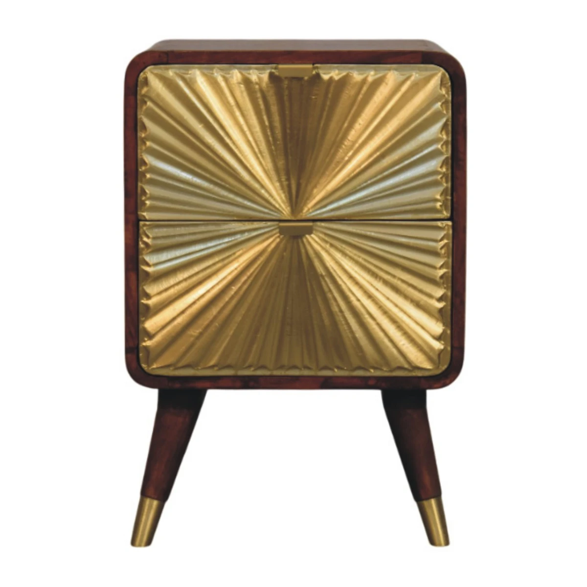 Artisan Furniture Artisan Nightstand Compact Mango Wood Brass Sunburst Front Two Drawer Bedroom Decor - Bedside Table
