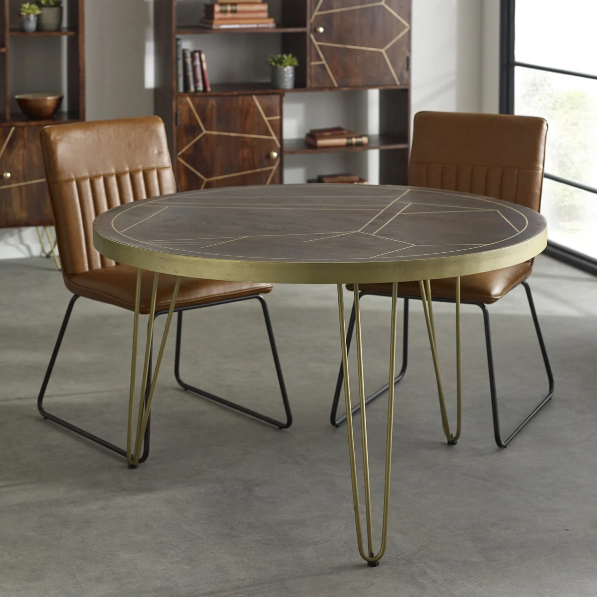 Indian Hub Dark Gold Round Dining Table Dia 48in Inlaid Metal For Homes - Dining Table