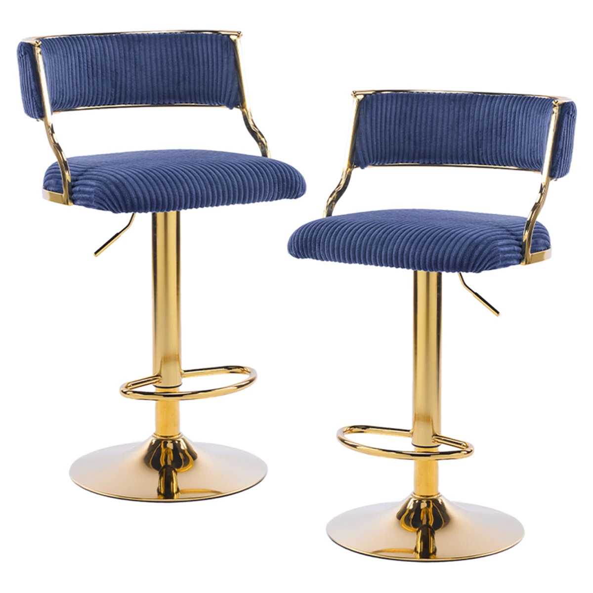 N/A 2pcs Blue Corduroy Swivel Bar Stools with Gold Plated Trumpet Base and Height Adjustable Gas Lift -