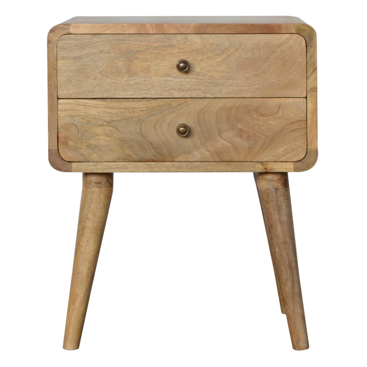 Artisan Furniture Artisan Bedside Table Solid Mango Wood Curved Edges Oak Finish Compact Size Two Drawer Nightstand For Bedroom - Bedside Table