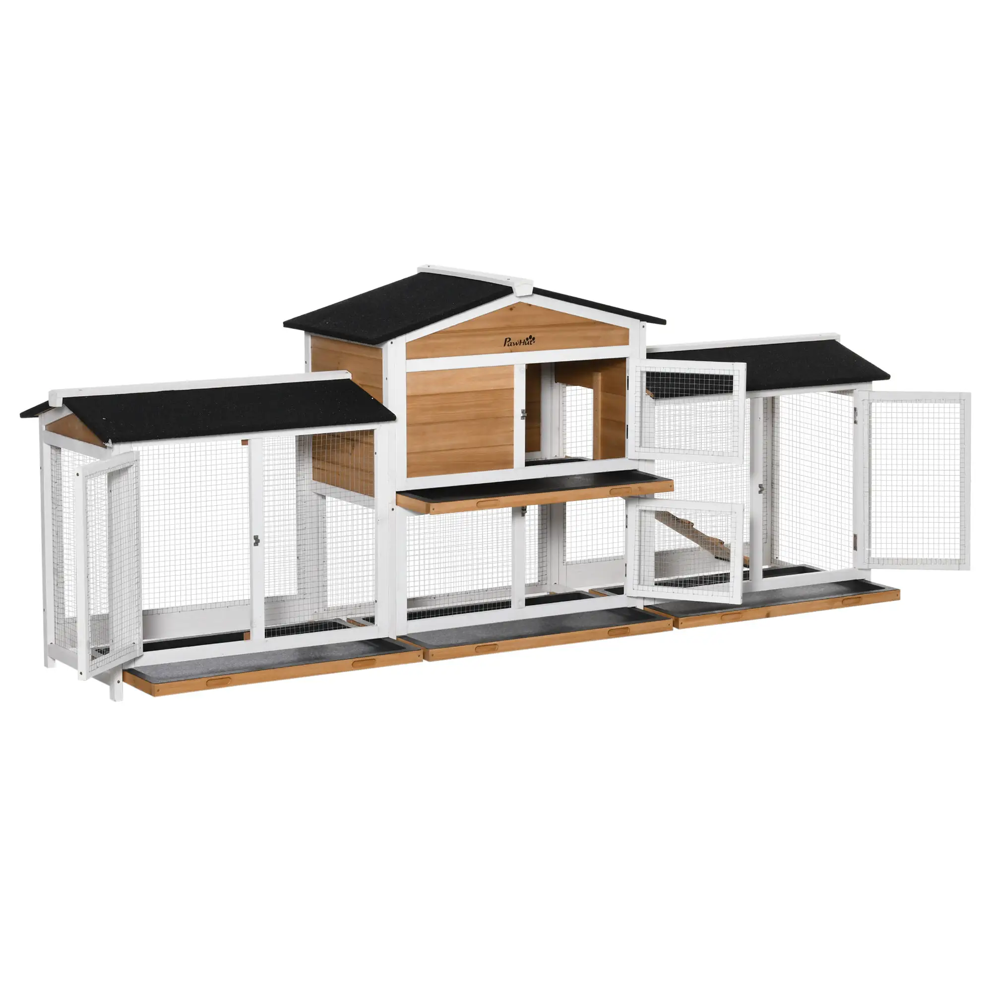 Pawhut Two-Tier Wooden Rabbit Hutch Guinea Pig Hutch w/ Two Runs, Slide-Out Tray, Ramp - Rabbit Hutch