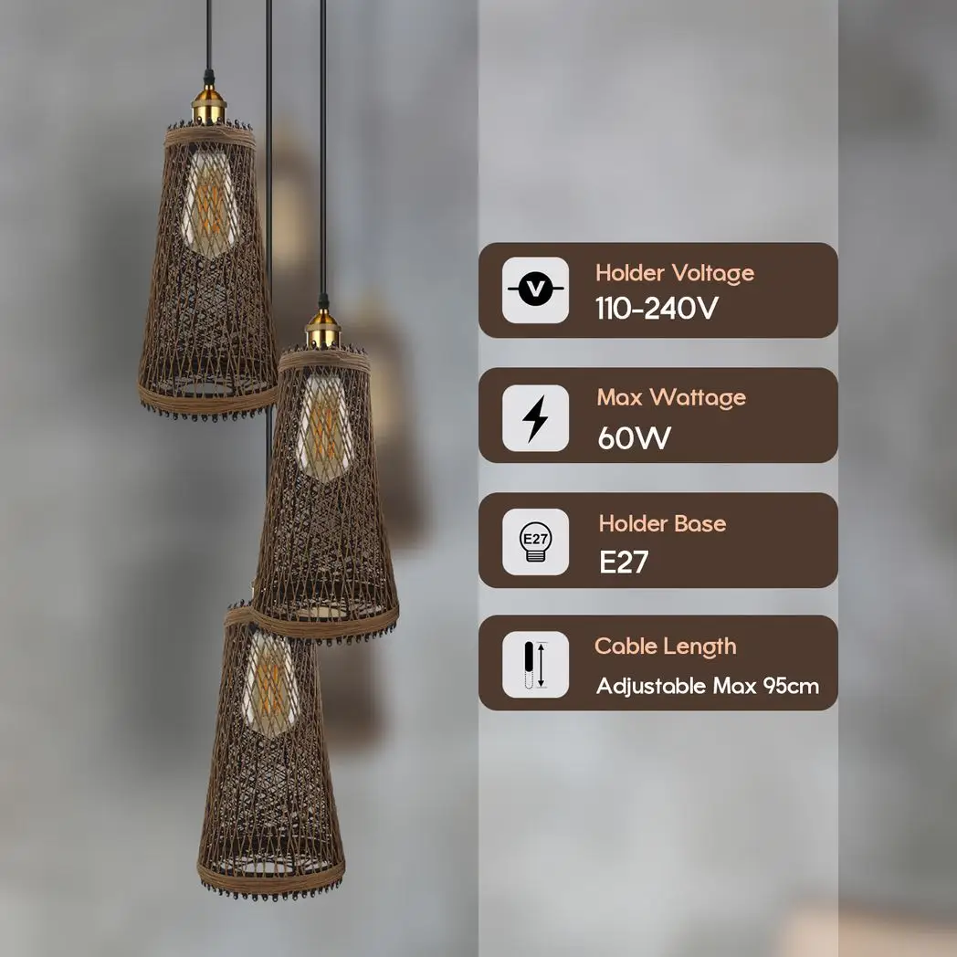 LEDSONE 3 Head Natural Wicker Basket Style Retro Industrial Vintage Rattan Ceiling Pendant - Pendant Lights