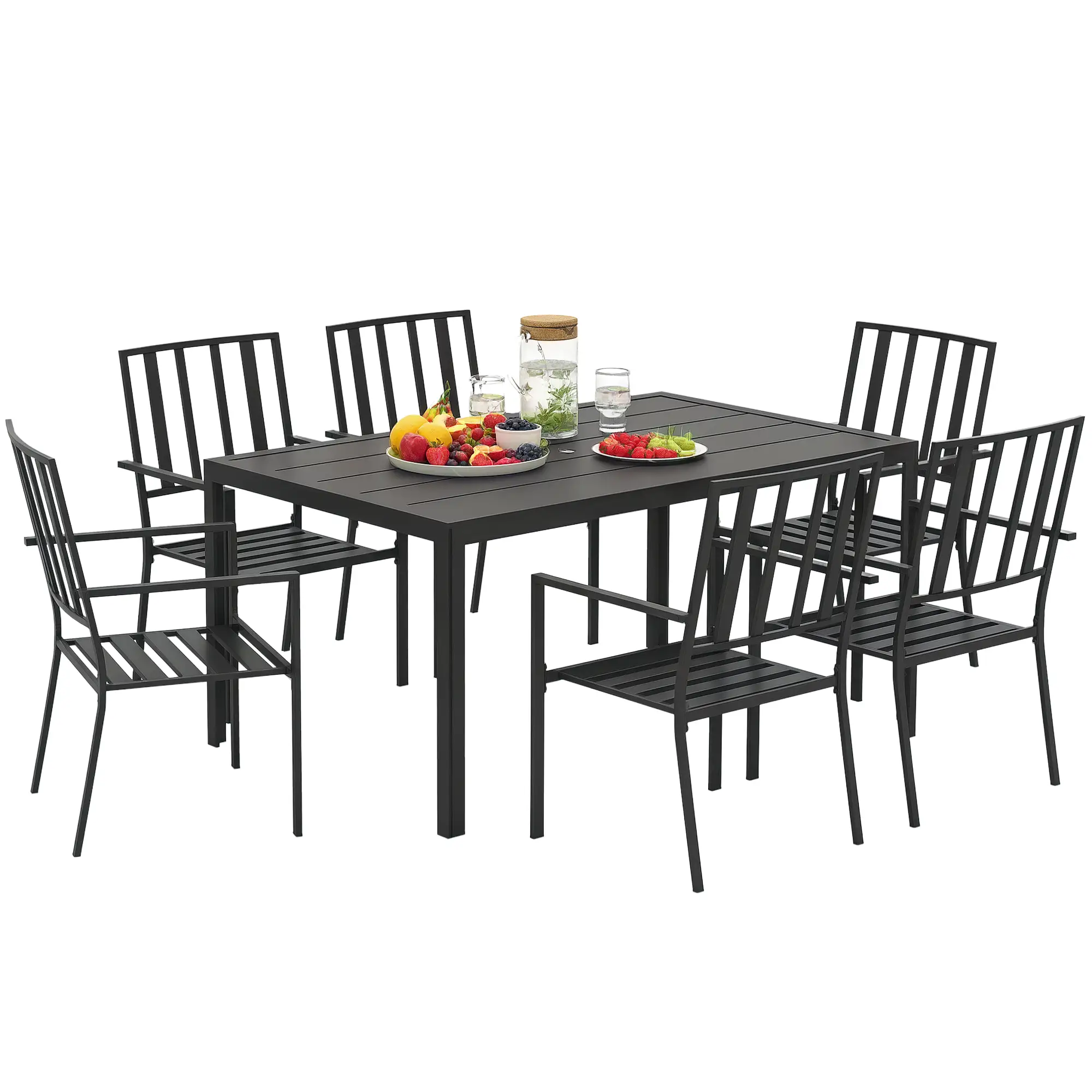 Outsunny Outsunny 7 PCs Garden Dining Set w/ Stackable Chairs and Metal Top Table, Black - Garden Set