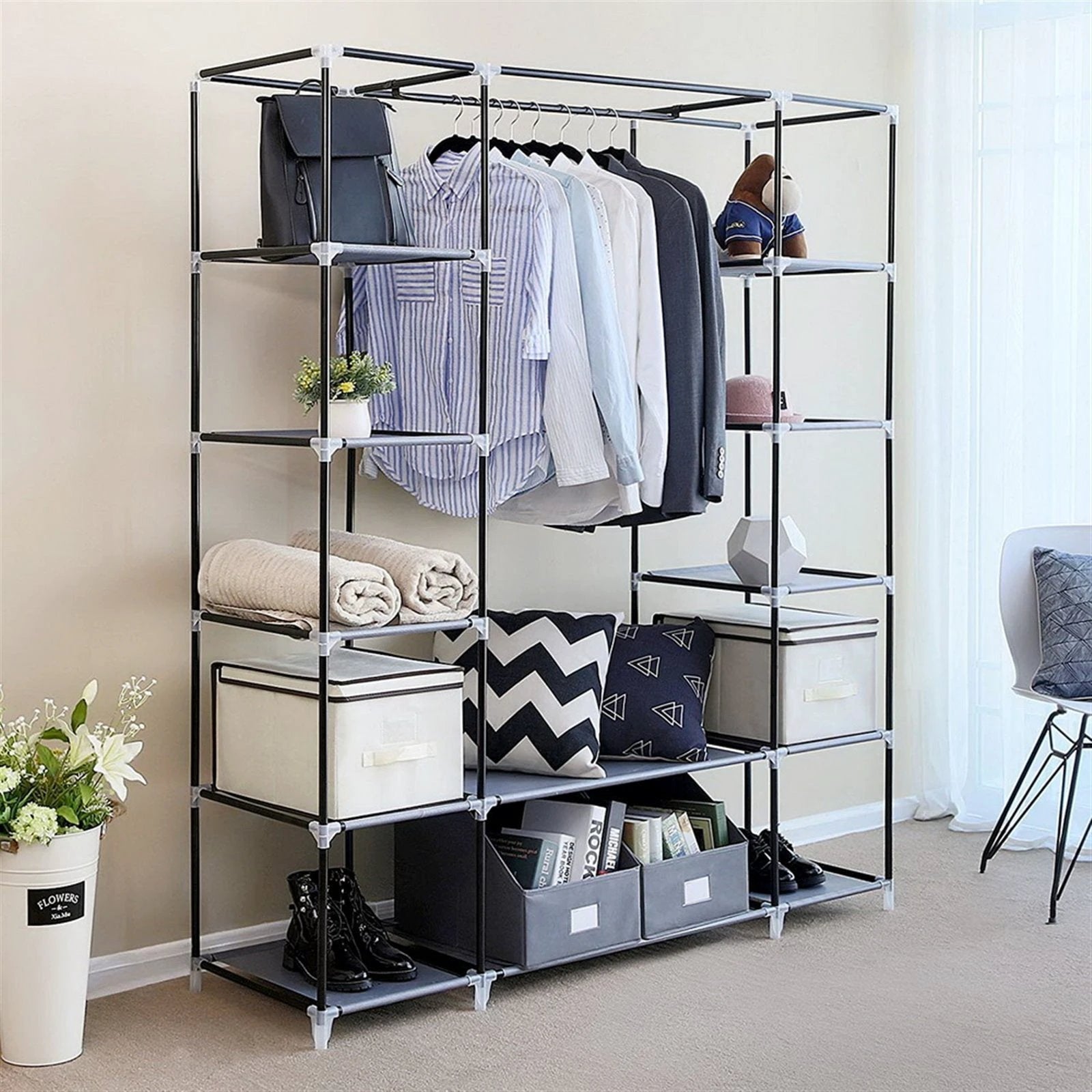 N/A 69" Portable Clothes Closet Wardrobe Storage Organizer with Non-Woven Fabric Quick and Easy to Assemble Extra Strong and Durable Black -