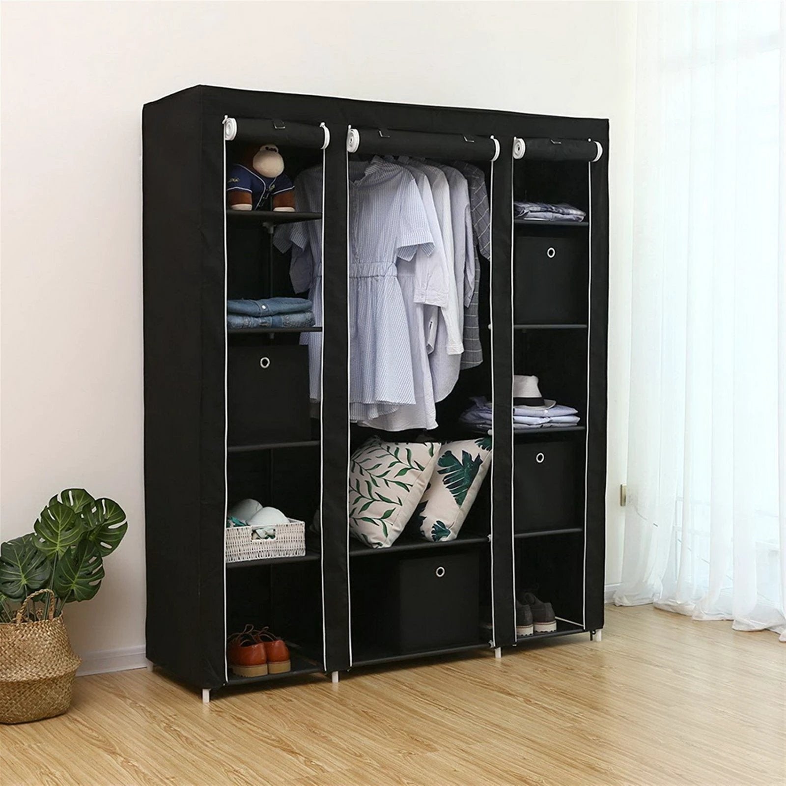N/A 69" Portable Clothes Closet Wardrobe Storage Organizer with Non-Woven Fabric Quick and Easy to Assemble Extra Strong and Durable Black -