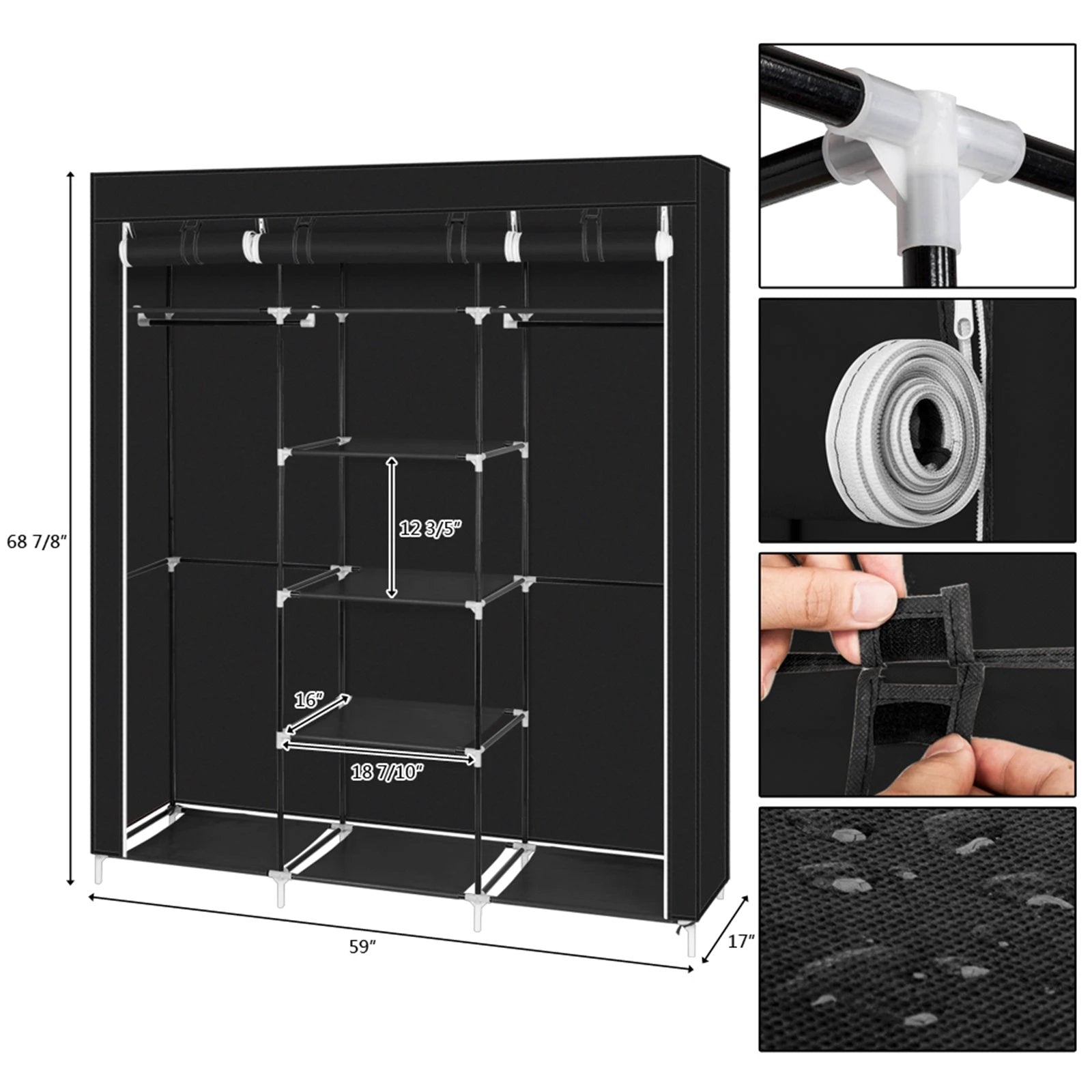 69" Portable Clothes Closet Non-Woven Fabric Wardrobe Double Rod Storage Organizer Black by N/A