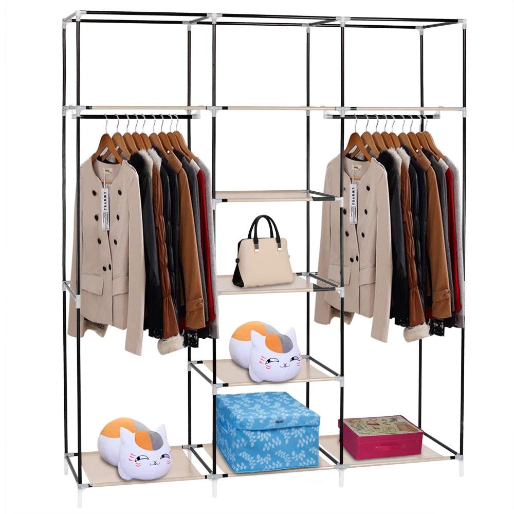 69" Portable Clothes Closet Non-Woven Fabric Wardrobe Double Rod Storage Organizer Beige by N/A