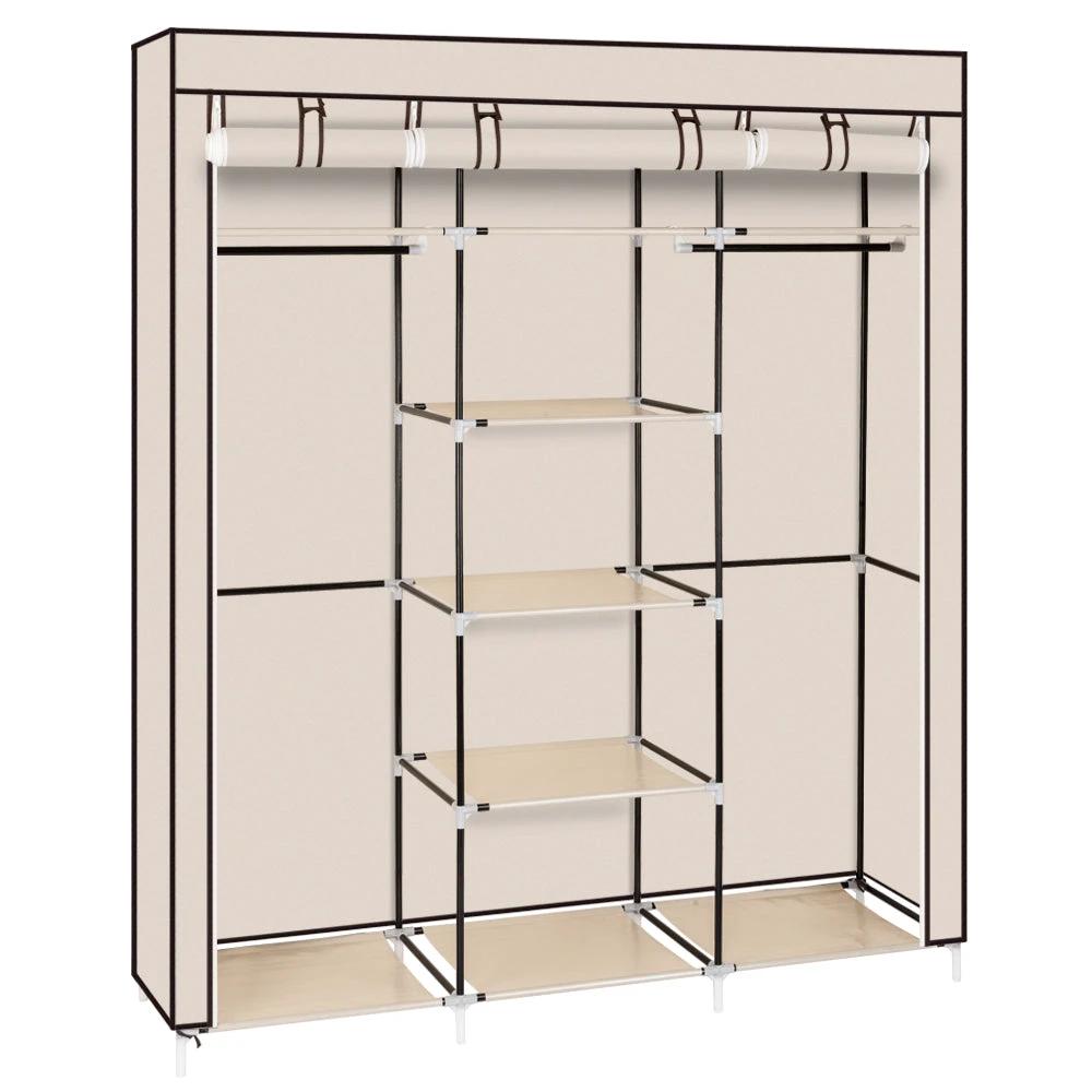 69" Portable Clothes Closet Non-Woven Fabric Wardrobe Double Rod Storage Organizer Beige by N/A