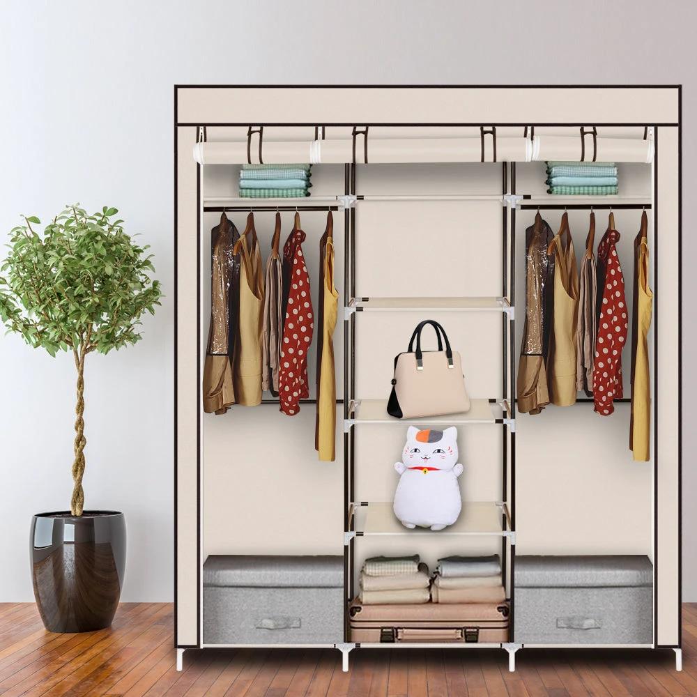 69" Portable Clothes Closet Non-Woven Fabric Wardrobe Double Rod Storage Organizer Beige by N/A