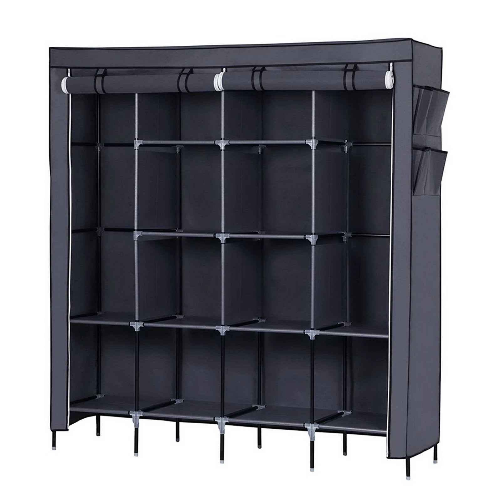 N/A 67" Clothes Closet Portable Wardrobe Clothes Storage Rack 12 Shelves 4 Side Pockets Gray -