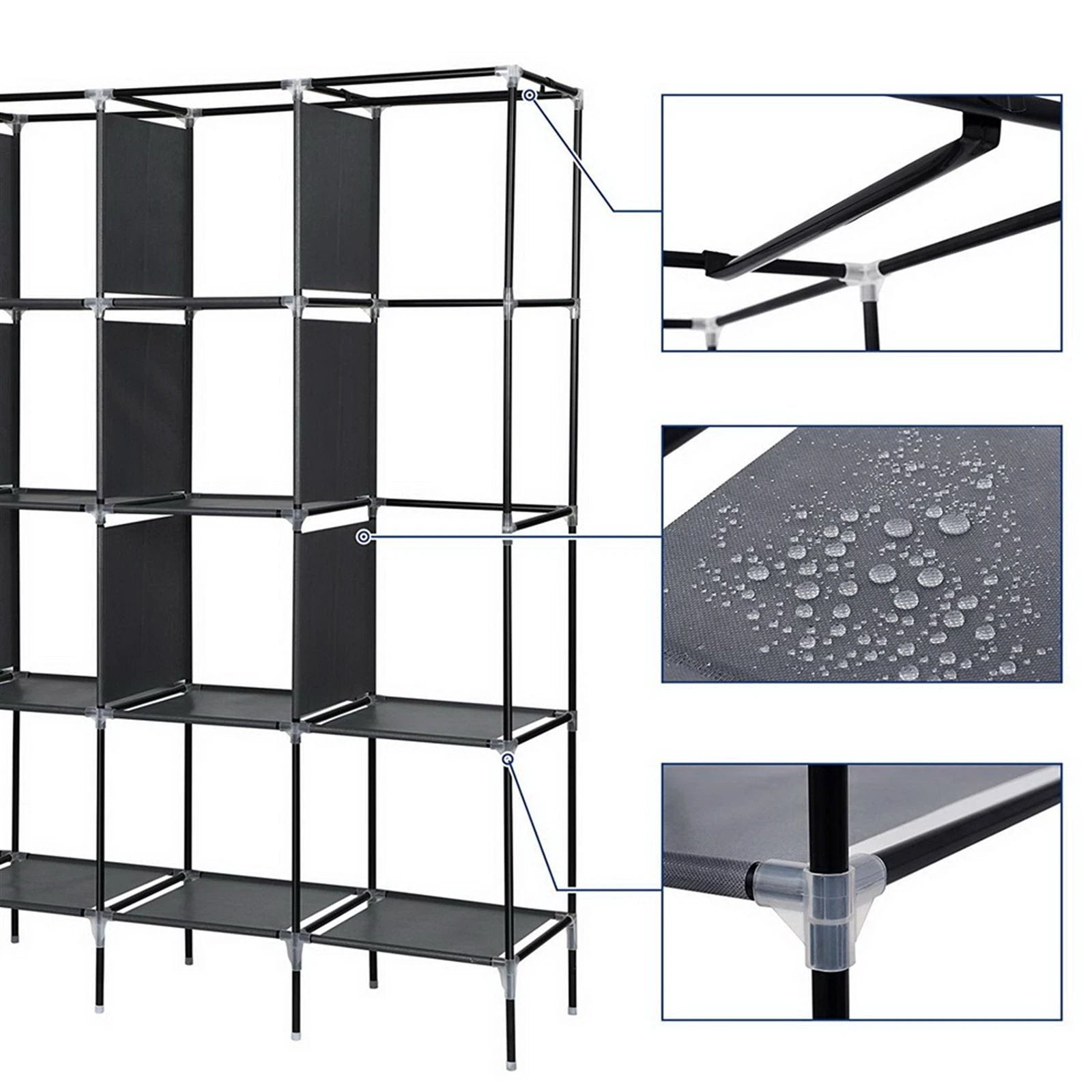 N/A 67" Clothes Closet Portable Wardrobe Clothes Storage Rack 12 Shelves 4 Side Pockets Gray -