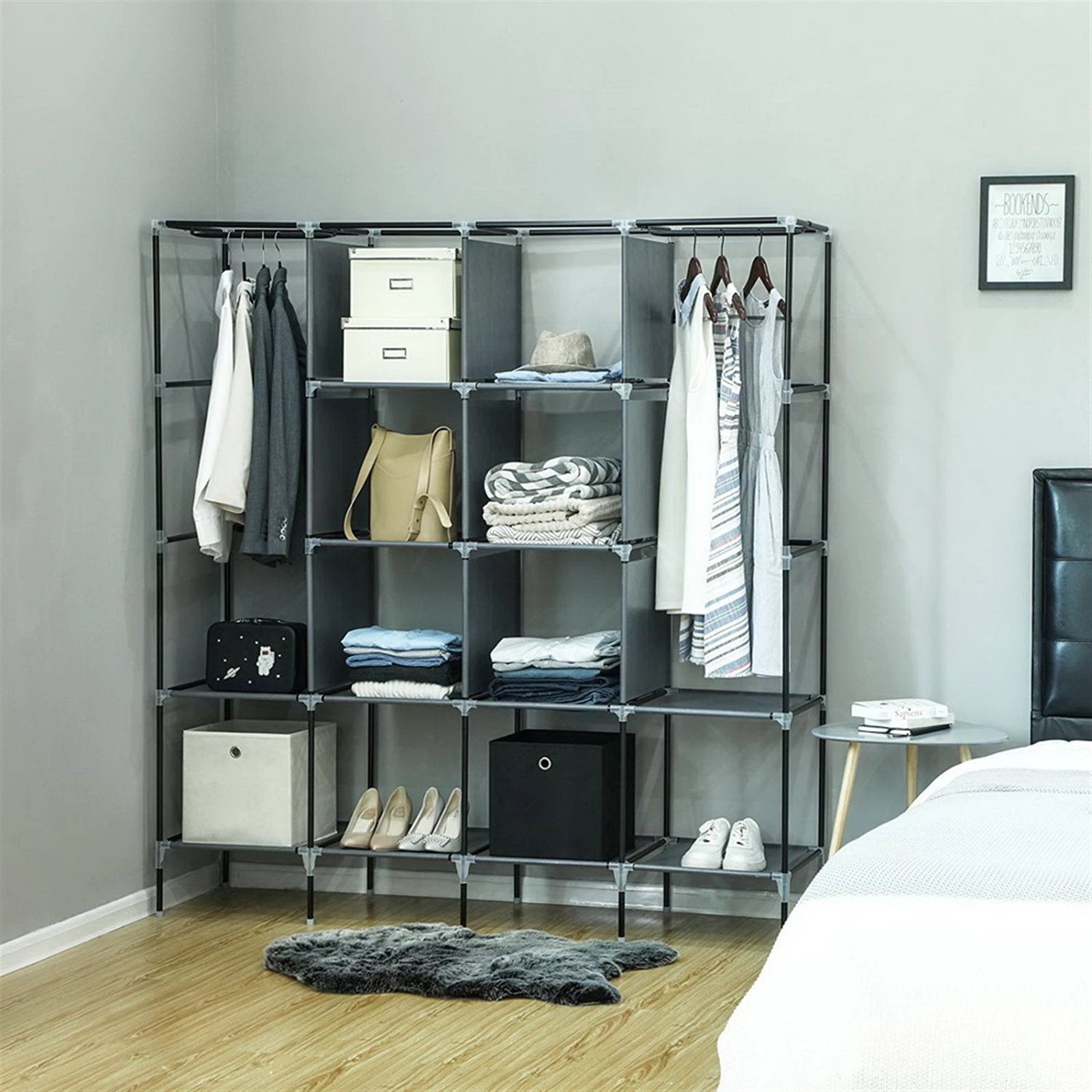 N/A 67" Clothes Closet Portable Wardrobe Clothes Storage Rack 12 Shelves 4 Side Pockets Gray -