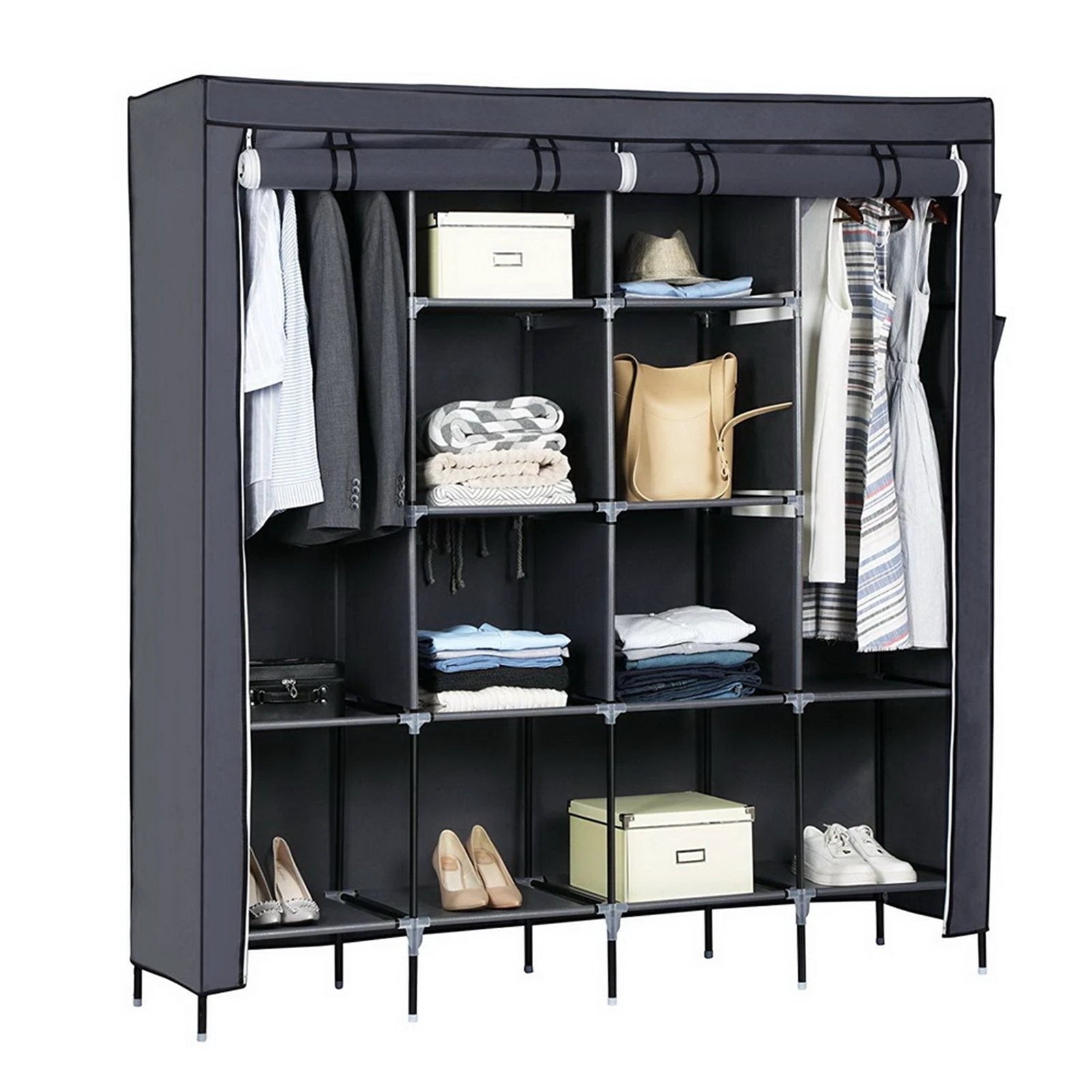 N/A 67" Clothes Closet Portable Wardrobe Clothes Storage Rack 12 Shelves 4 Side Pockets Gray -