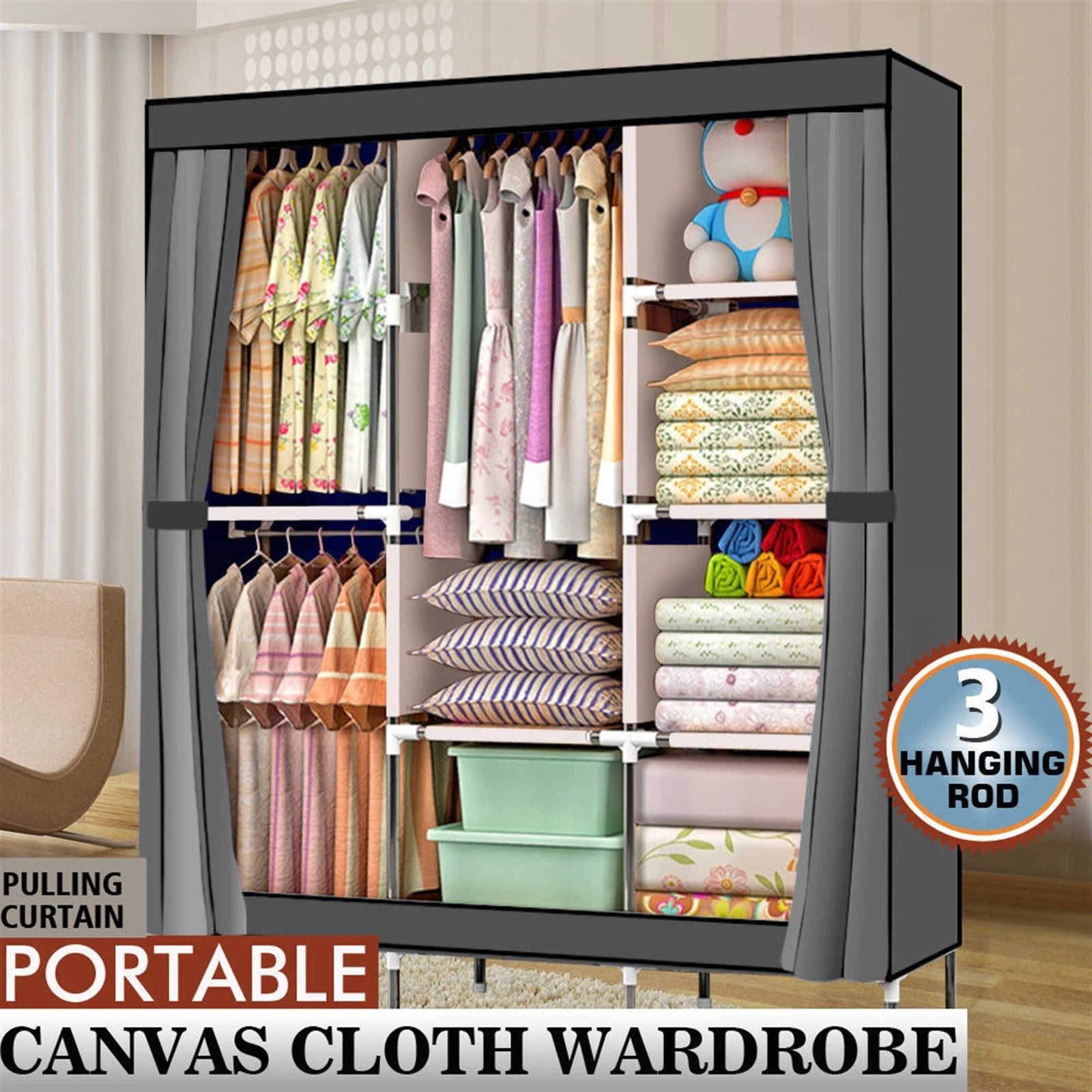 71" Portable Closet Wardrobe Clothes Rack Storage Organizer with Shelf Gray by N/A