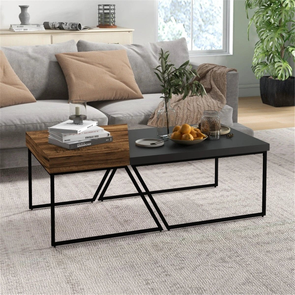 Industrial Coffee Table Set Dual Tables 2 in 1 Wood Effect Top With Black Metal Frame For Living Rooms by N/A