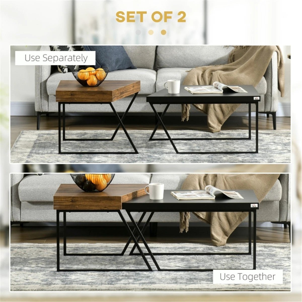 Industrial Coffee Table Set Dual Tables 2 in 1 Wood Effect Top With Black Metal Frame For Living Rooms by N/A