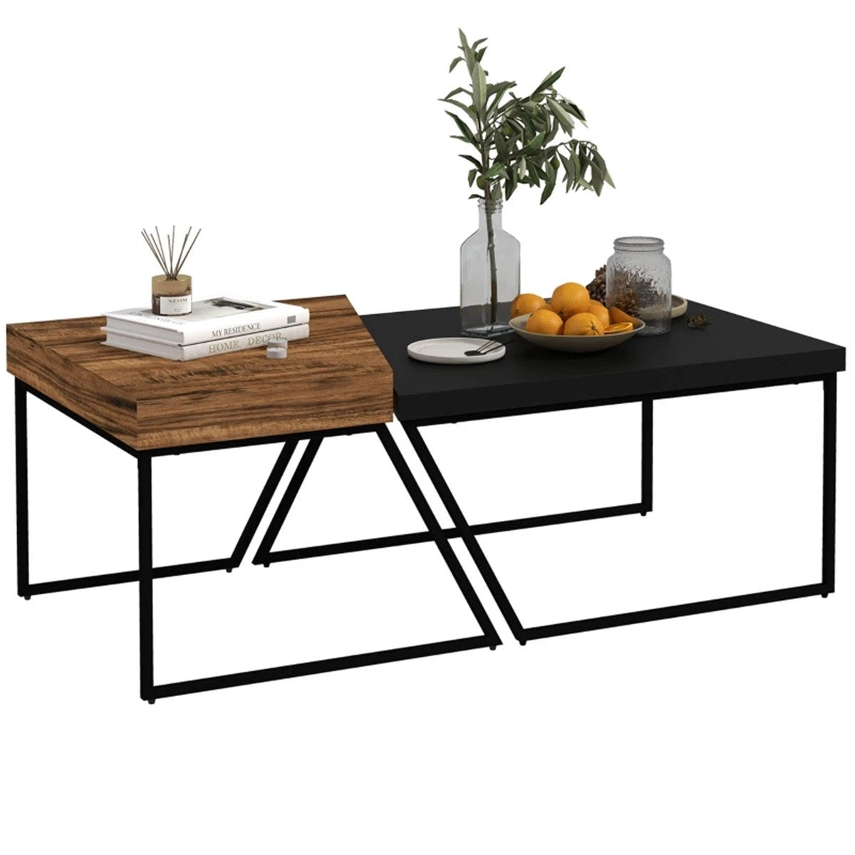 Industrial Coffee Table Set Dual Tables 2 in 1 Wood Effect Top With Black Metal Frame For Living Rooms by N/A