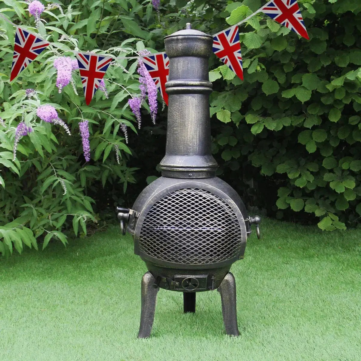 Monster Shop Cast Iron Chimenea & Union Jack Bunting -
