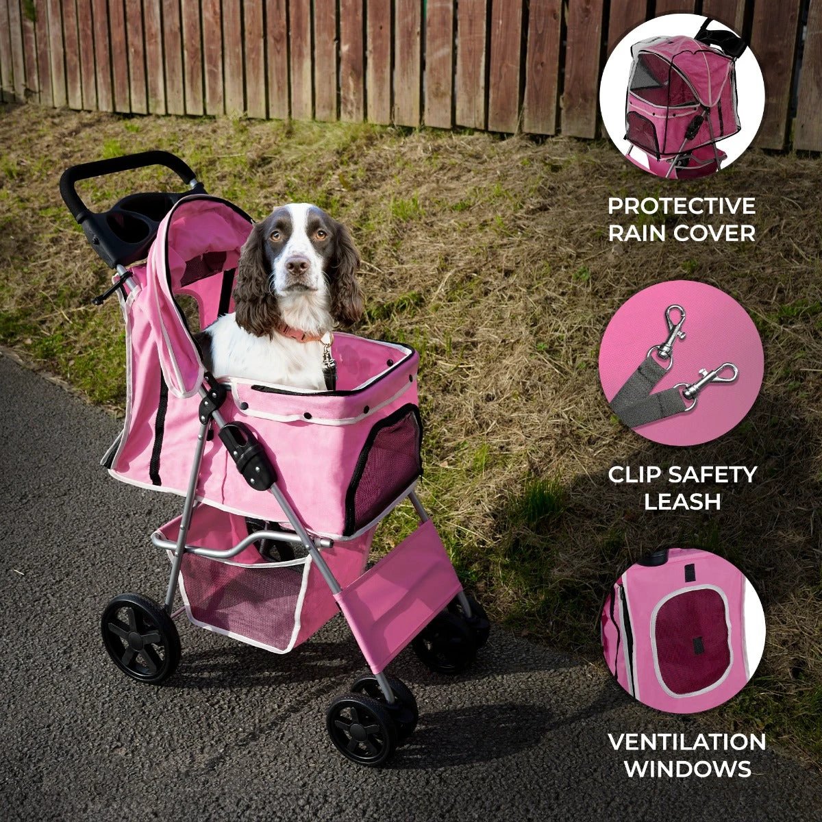 Pet Stroller with Rain Cover – Pink by Monster Shop