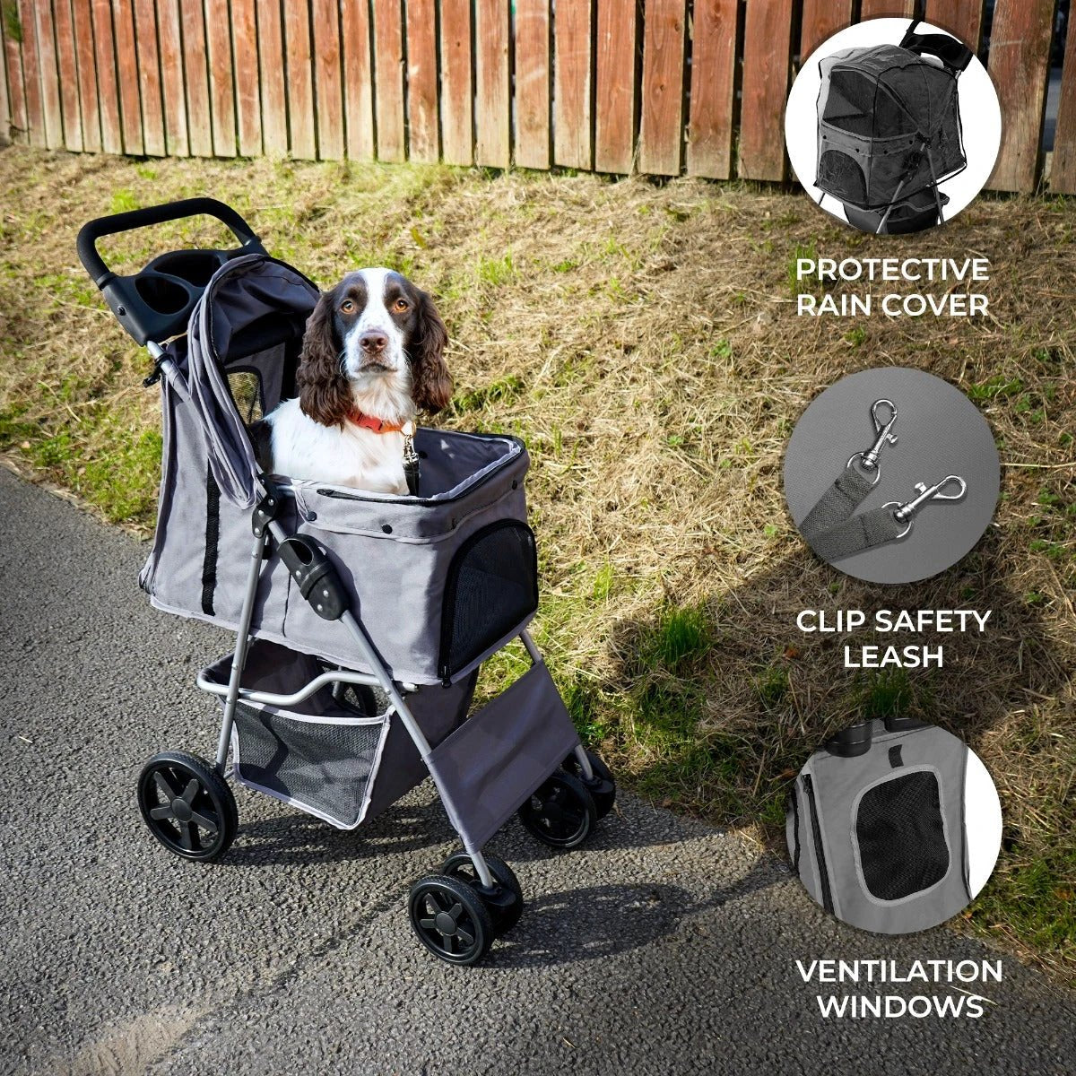 Pet Stroller with Rain Cover – Grey by Monster Shop