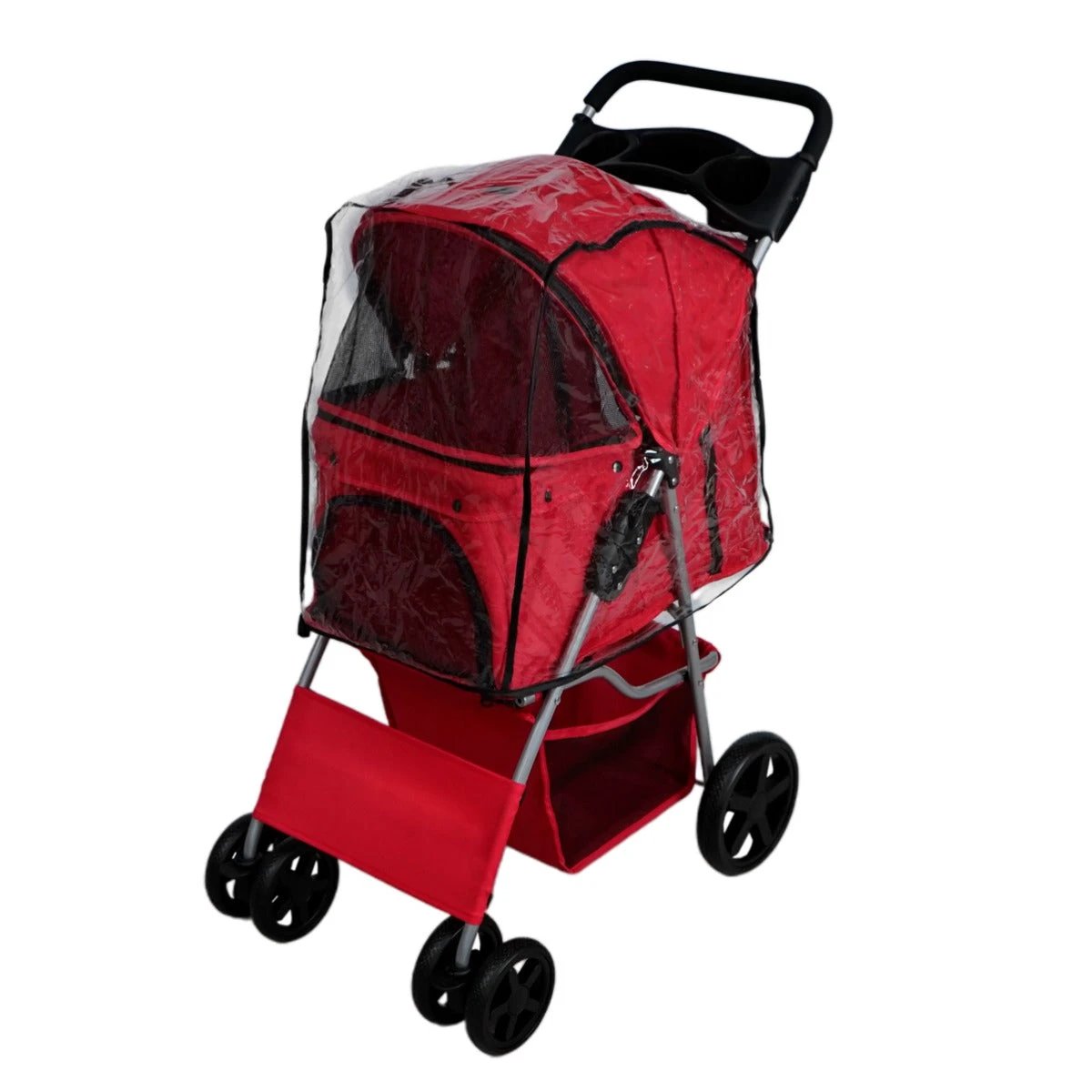 Pet Stroller with Rain Cover – Red by Monster Shop