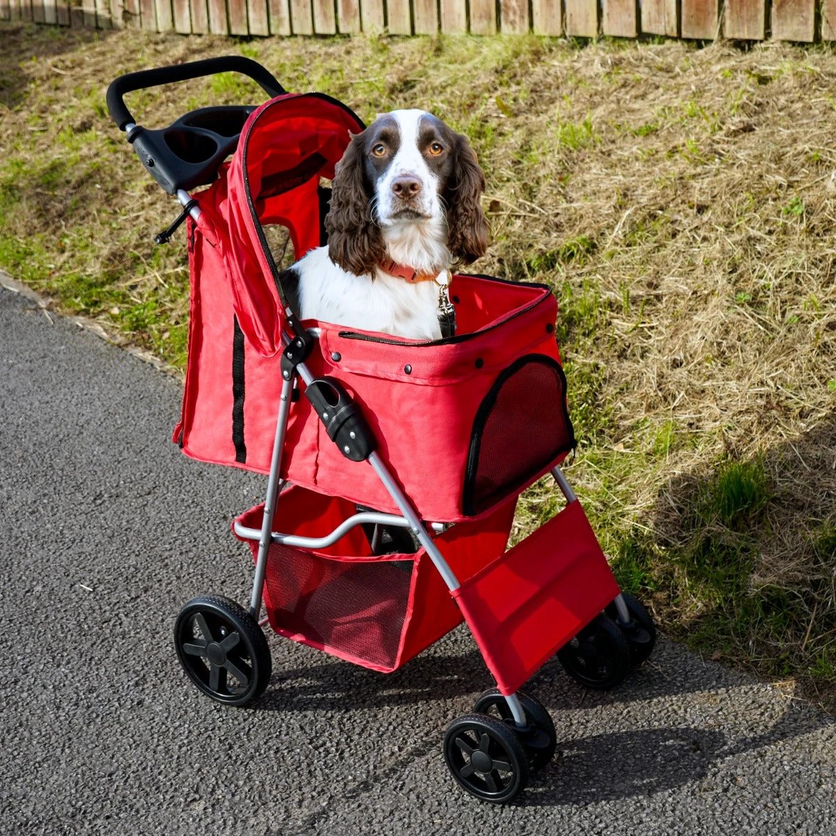 Pet Stroller with Rain Cover – Red by Monster Shop