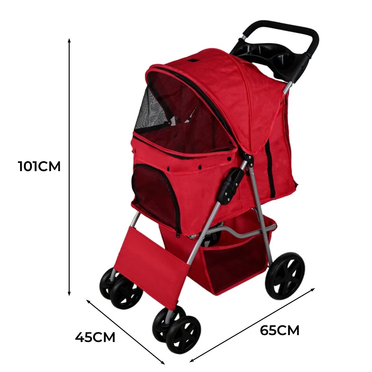 Pet Stroller with Rain Cover – Red by Monster Shop