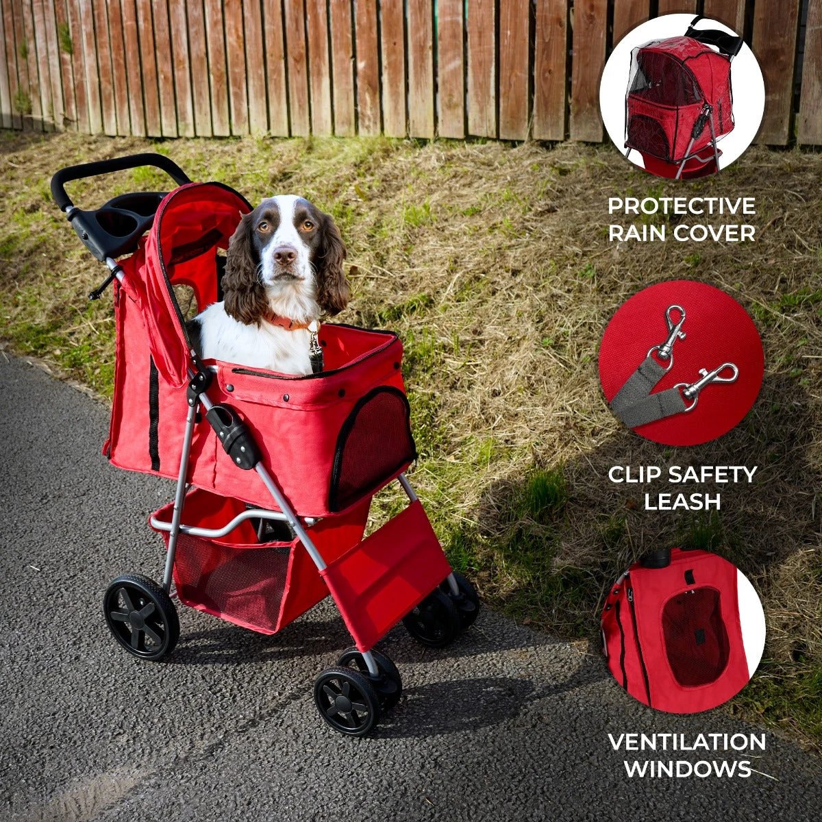 Pet Stroller with Rain Cover – Red by Monster Shop