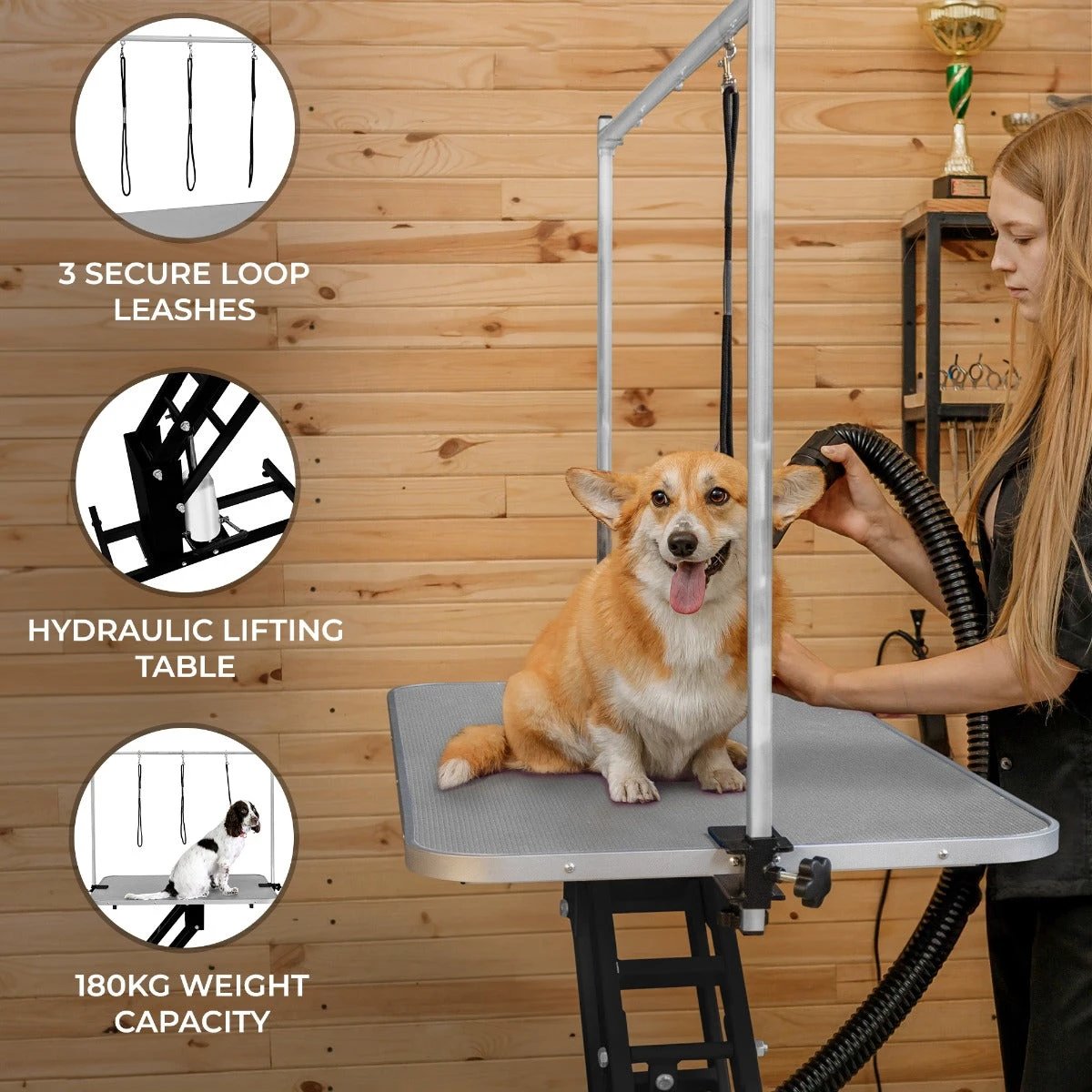 Black Hydraulic Grooming Table - Grey Table Top by Monster Shop