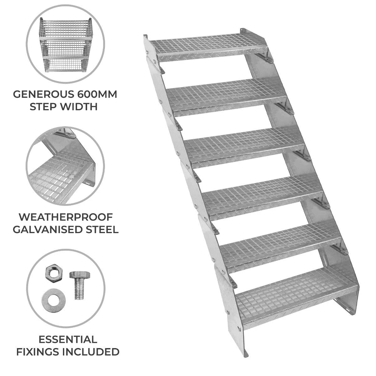 Monster Shop Adjustable 6 Section Galvanised Staircase - 600mm Wide -