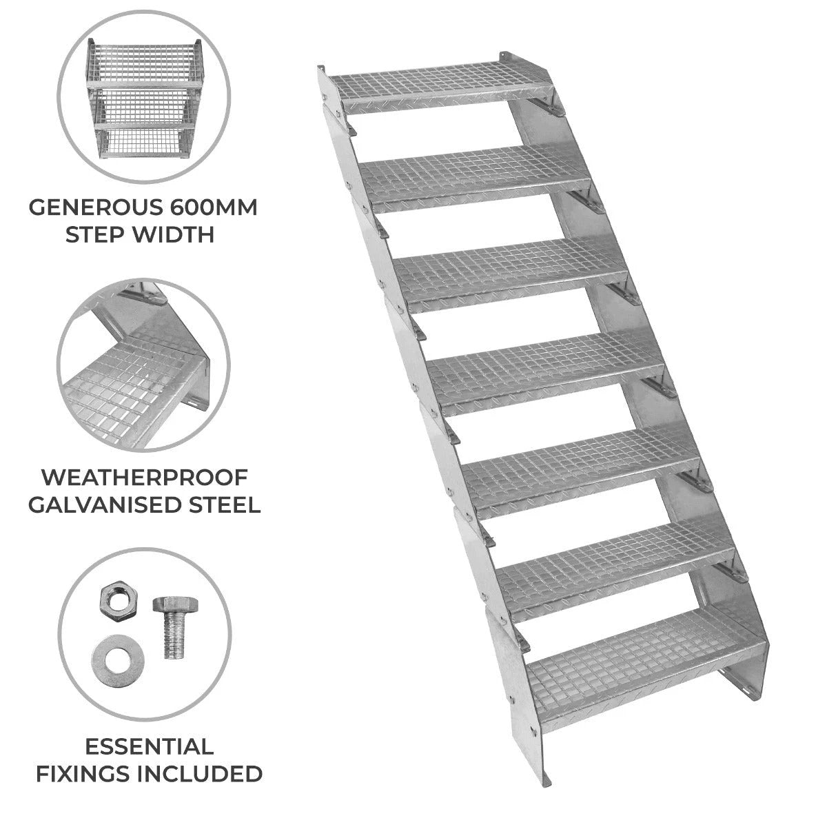 Monster Shop Adjustable 7 Section Galvanised Staircase - 600mm Wide -