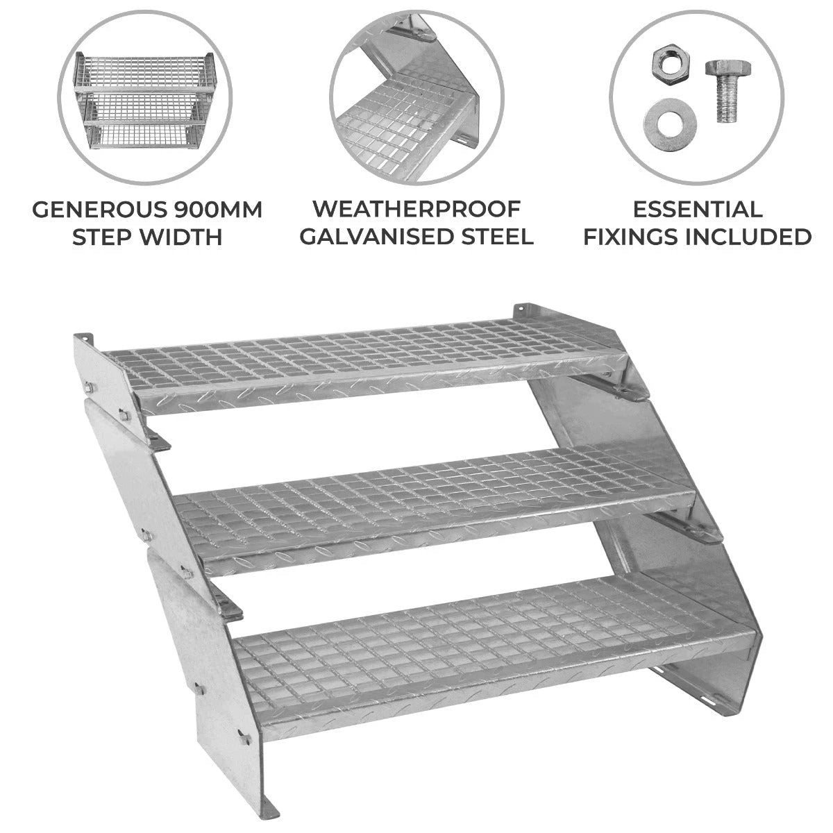 Monster Shop Adjustable 3 Section Galvanised Staircase - 900mm Wide -