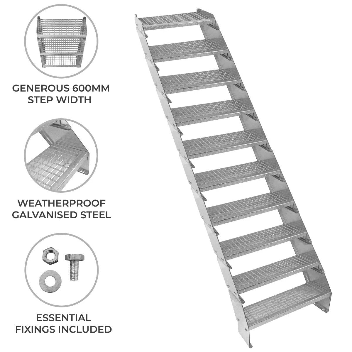 Monster Shop Adjustable 10 Section Galvanised Staircase - 600mm Wide -