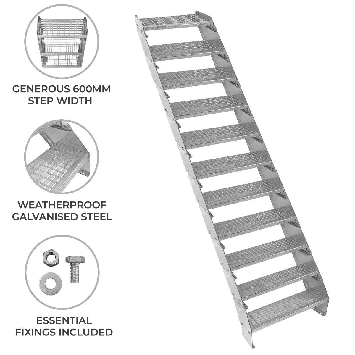 Monster Shop Adjustable 11 Section Galvanised Staircase - 600mm Wide -
