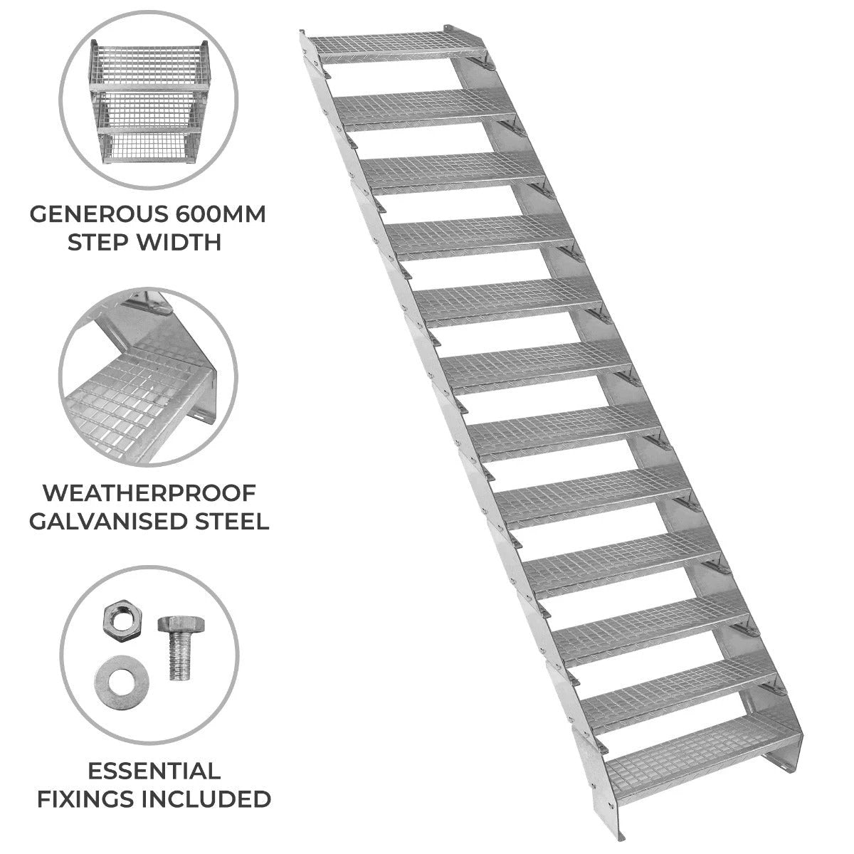 Monster Shop Adjustable 12 Section Galvanised Staircase - 600mm Wide -