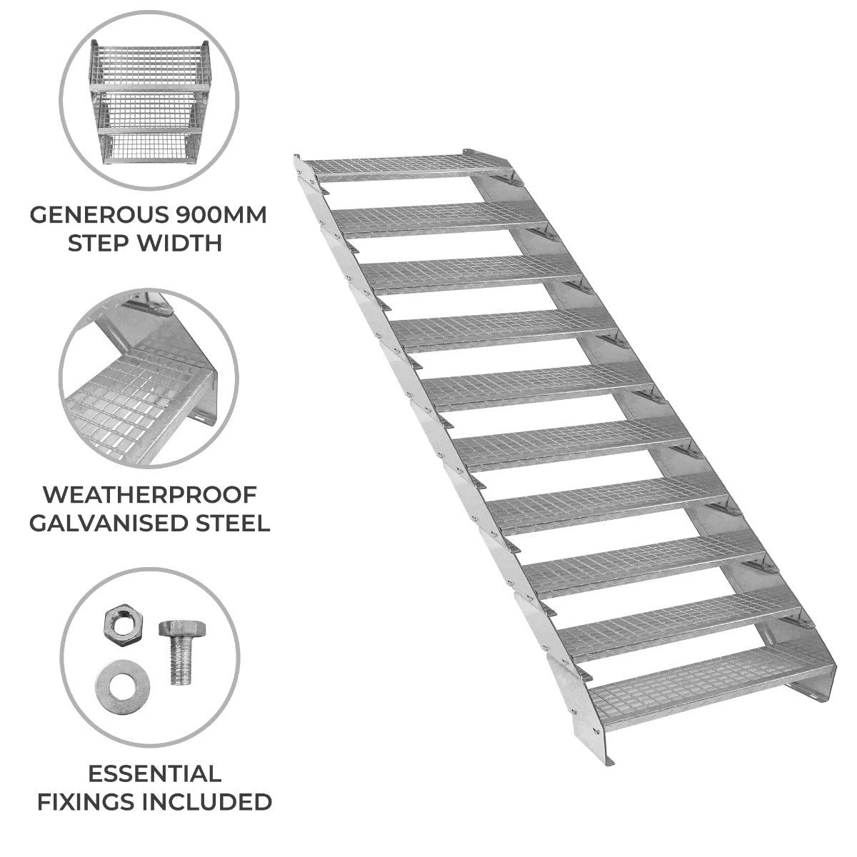 Adjustable 10 Section Galvanised Staircase - 900mm Wide by Monster Shop