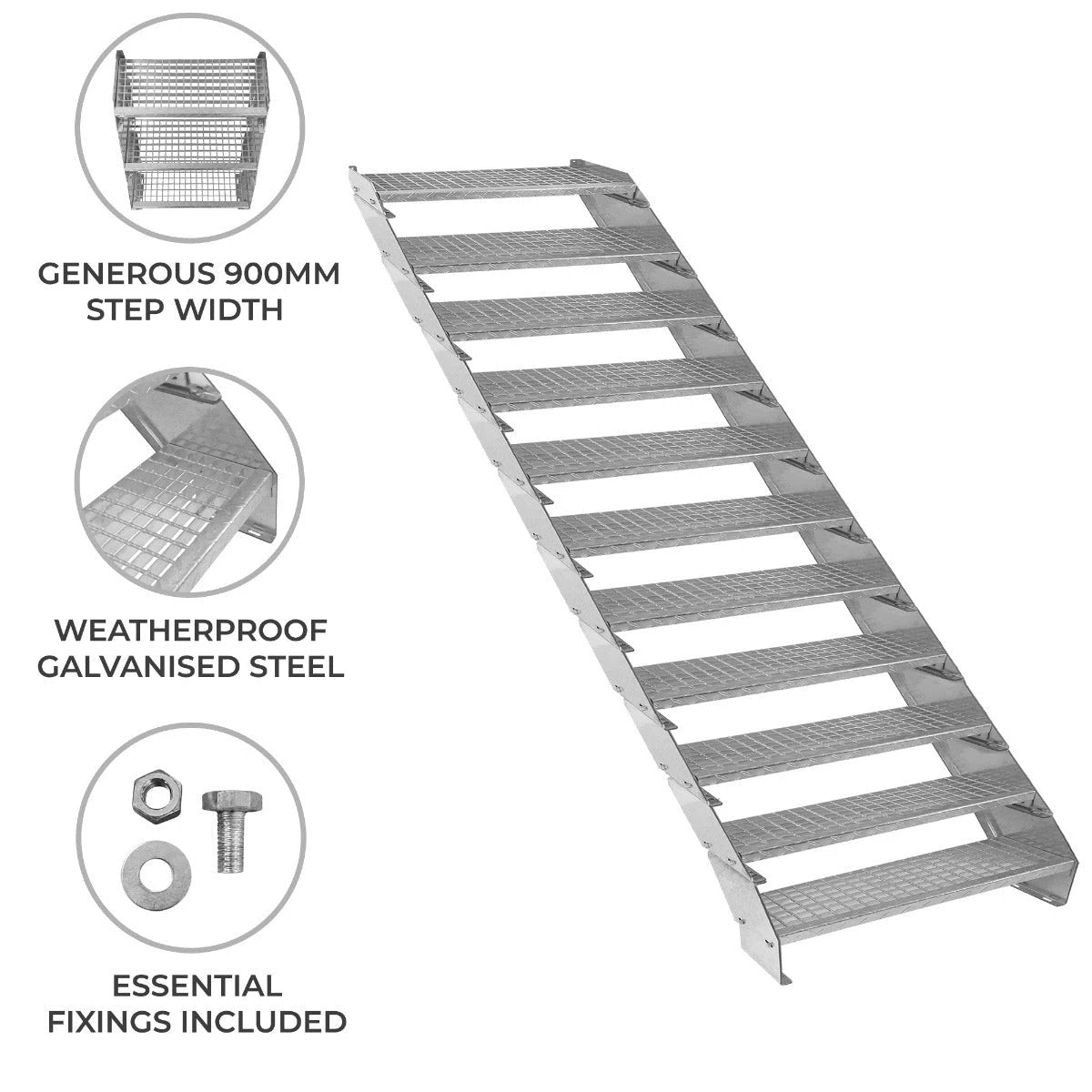 Monster Shop Adjustable 11 Section Galvanised Staircase - 900mm Wide -
