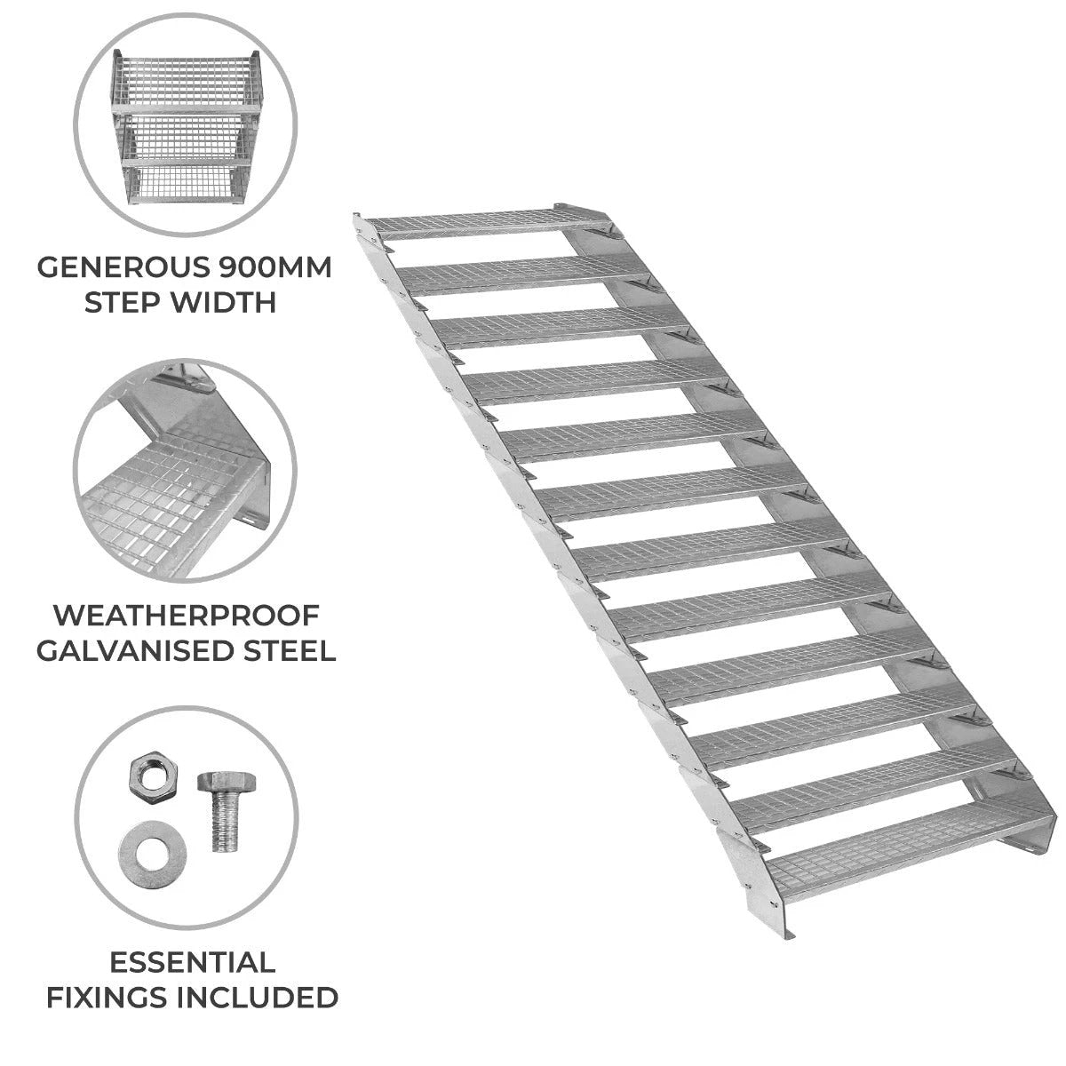 Adjustable 12 Section Galvanised Staircase - 900mm Wide by Monster Shop