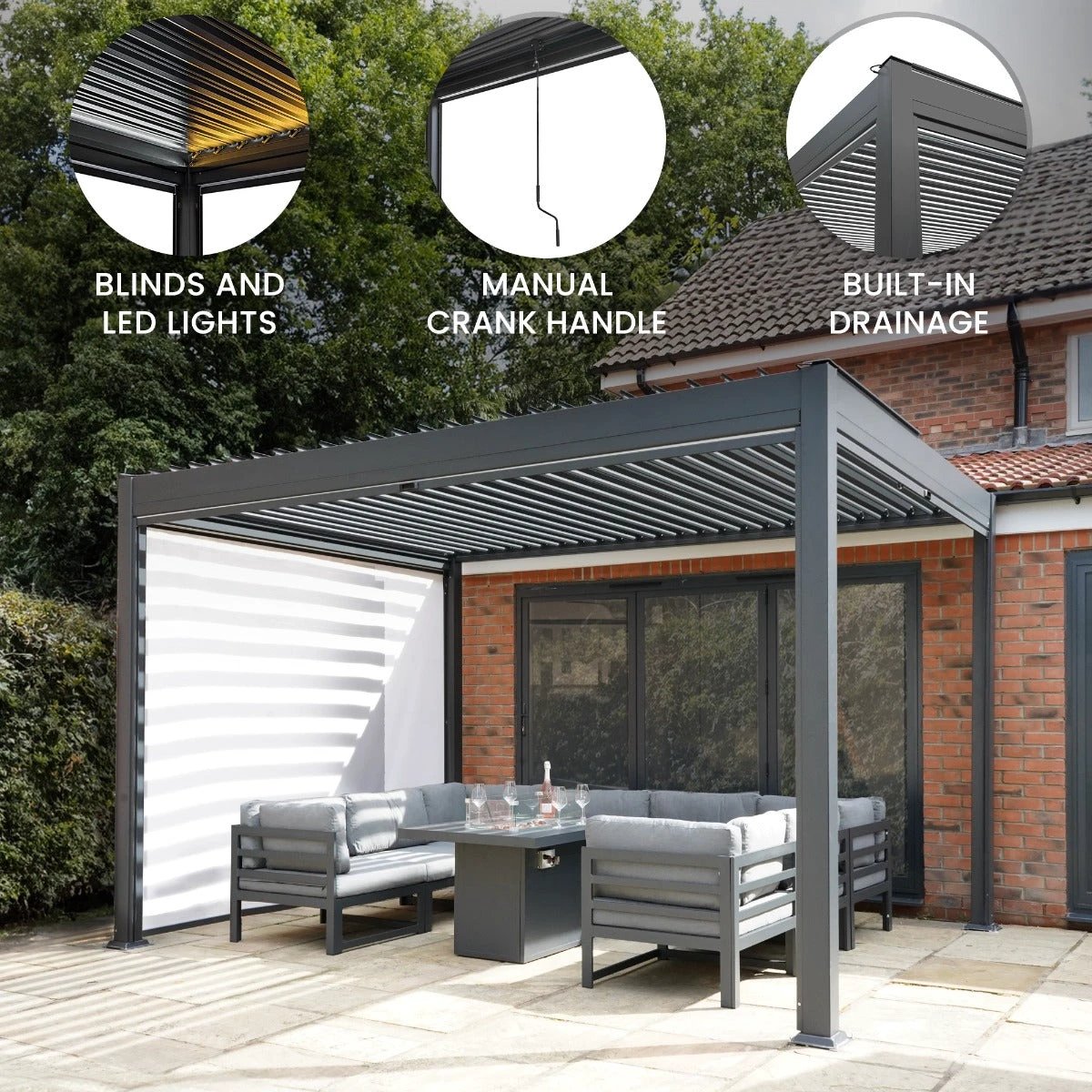 Monster Shop Anthracite Aluminium Pergola 3m x 3m With White Blinds And LED Lights For Outdoor Living - Uncategorized Gazebos